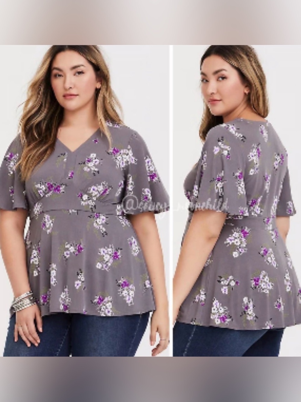 NEW Women’s Torrid 00 (10/M/L) Gray Floral Peplum V-Neck Neck Short Sleeved Top